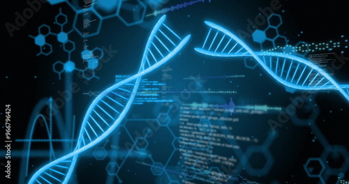 Image of digital data processing and dna strands on black background