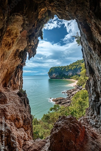 A huge rock wall with an ancient cave carved into it on the island of Phuket in Thailand