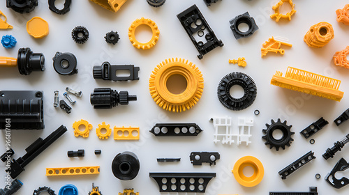 Assorted plastic construction components. Precision engineered thermoplastic parts, focusing on injection moulded gears, connectors, and structural pieces.