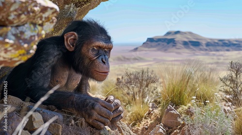 A solitary Australopithecus afarensis finding shelter under a rocky outcrop, showcasing the adaptive behaviors of our early human ancestors