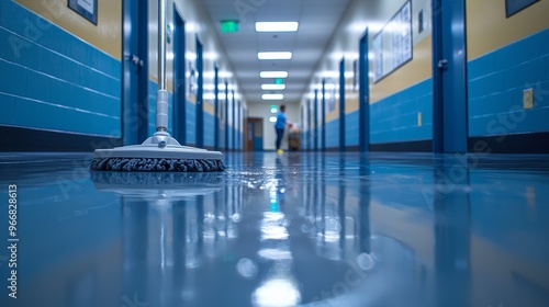 Janitor cleaning the hallway of a school, pushing a mop, high contrast, motion blur for action, clean environment.