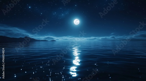 Nighttime Seascape with Full Moon and Starry Sky