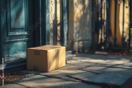 A cardboard box rests on the doorstep, casting a shadow in the warm sunlight, representing delivery and anticipation.