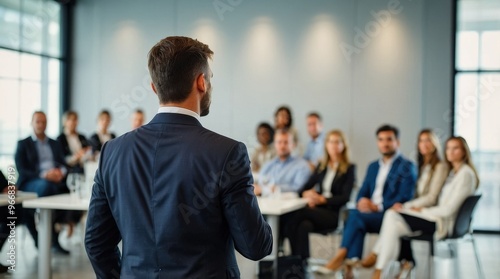 Confident businessman giving a presentation in front of crowd in meeting conference seminar room. Leadership authority teamwork in business concept