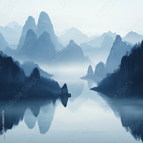 A beautiful scenery of concise hazy implicit mountains and water. The mountains are veiled in a hazy mist, creating an air of mystery. The water flows smoothly, adding a sense of tranquility. The comb