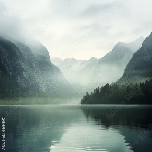 A beautiful scenery of concise hazy implicit mountains and water. The mountains are veiled in a hazy mist, creating an air of mystery. The water flows smoothly, adding a sense of tranquility. The comb