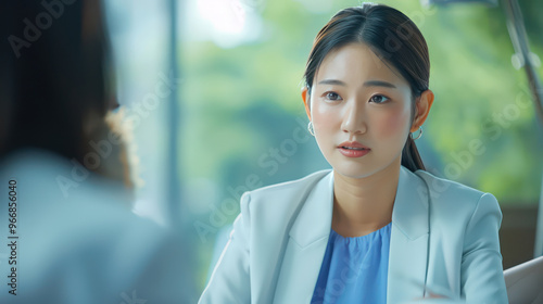 A focused woman in light suit engages in serious conversation