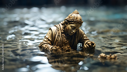 Closeup of A broken figurine submerged in water or polluted water with copy space, religious waste concept, parts of figurine 