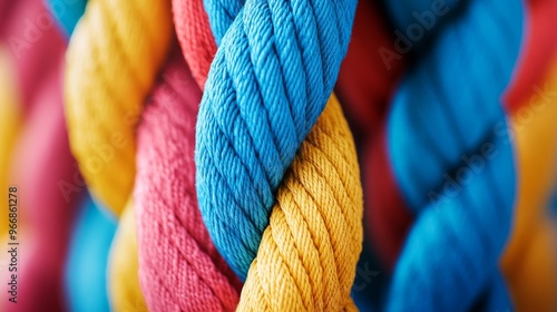 A thick, colorful braided rope with bright blue, yellow, and pink strands intertwines to symbolize teamwork and unity. The texture highlights the strength and durability of the material