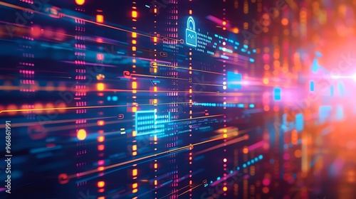 Abstract illustration of a digital network with a glowing padlock icon. Representing cyber security, data protection, and digital safety in the online world.