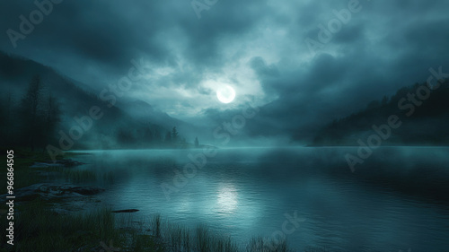 Mysterious misty lake at night with dark clouds, moonlight reflecting on calm water, surrounded by foggy mountains and forest, evoking a tranquil and eerie wilderness atmosphere