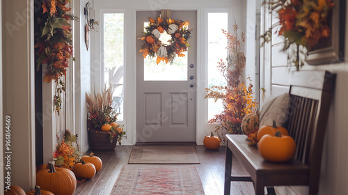 A narrow entryway decorated with a Thanksgiving garland, small pumpkins, and fall-themed decor in a small space 