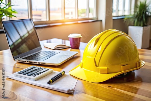 Yellow hard hat and safety vest on a table surrounded by business documents, calculators, and a laptop, emphasizing importance of safety in business operations.