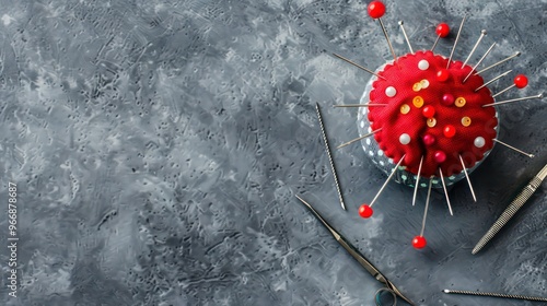 Red pincushion with needles and scissors on a gray background.