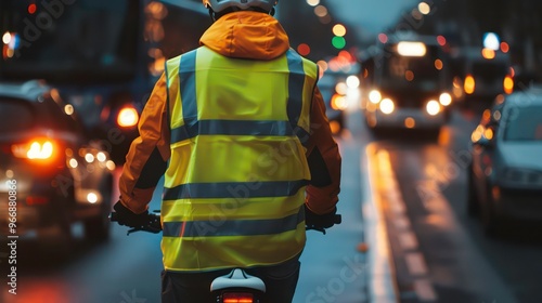 A cyclist wearing a safety vest rides through city traffic at dusk.