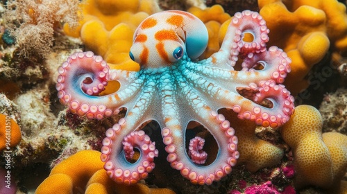 Octopus Camouflaging Itself Perfectly Against Coral Demonstrating the Remarkable Adaptive Behavior of This Intelligent Marine Creature in Its Natural Underwater Habitat