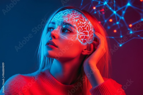 Frontal cortex neural hyperactivity and cerebellar activity female in red and blue lighting with neural visualization highlighting creative thinking and mental clarity