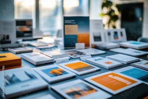 Printed product catalogs and marketing materials laid out on a conference table, Brand Identity, Building brand presence through tangible media