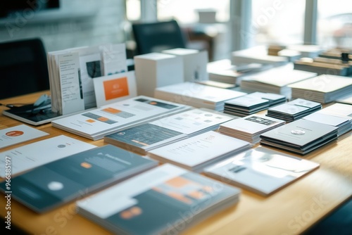 Printed product catalogs and marketing materials laid out on a conference table, Brand Identity, Building brand presence through tangible media