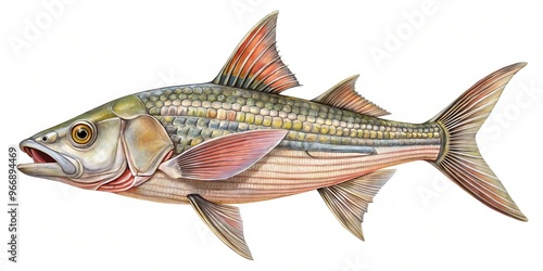 A slender, streamlined body encases the fish's lateral line, conveying gentle curvature from snout to tail. The eye