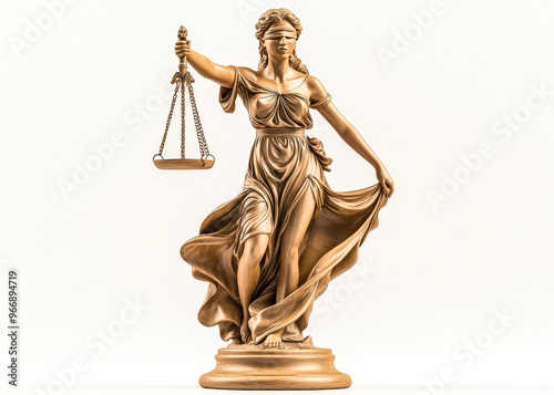 Golden Statue of Lady Justice: Symbol of law, fairness, and justice on white background 