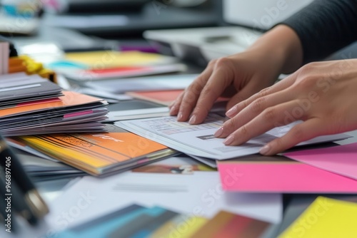 Close-up of hands organizing printed marketing collateral on a desk, Marketing Review, Refining client s marketing materials