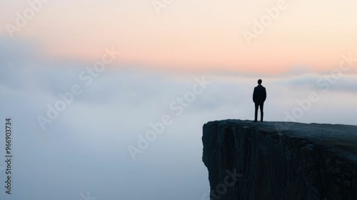 A man stands at the precipice of a towering cliff his eyes fixed upon the vast daunting abyss below The scene evokes a sense of both fear and fascination