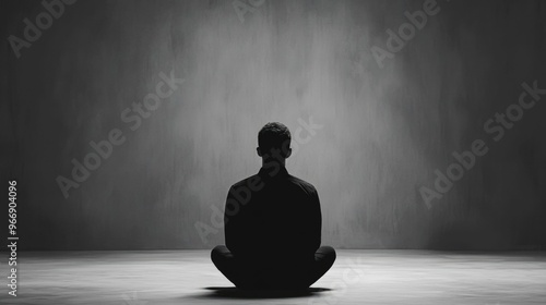 A lone person sitting in an empty room enveloped by a shroud of dark ominous shadows that loom over them creating an atmosphere of psychological dread and isolation