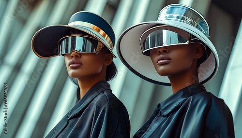 Futuristic fashion duo in oversized visors exuding confidence against a striking modern architectural backdrop