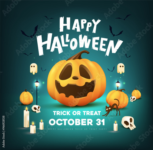 Happy Halloween poster banner night scene with halloween pumpkin smiley face and festive decoration for Trick or Treat Celebrations, Holiday Parties.