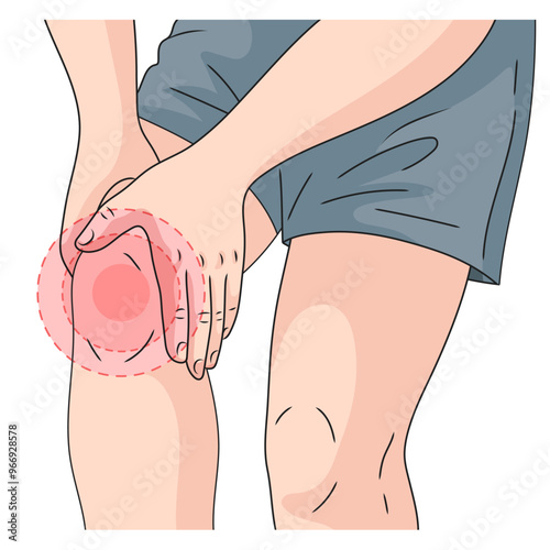 person holding their knee, indicating pain and inflammation with a highlighted red area around the joint hand drawn schematic vector illustration. Medical science educational illustration