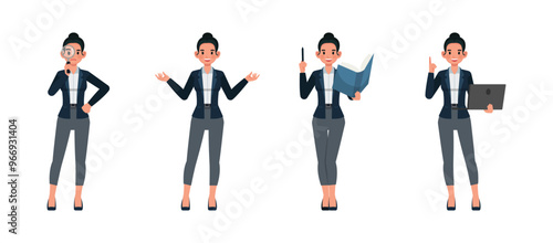 Business woman working in office character vector illustration design set. Presentation in various action. Woman wear dark blue suit.