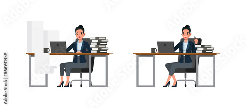 Business woman working in office character vector illustration design set. Presentation in various action. Woman wear dark blue suit.