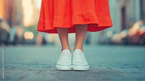 A woman in a flowing maxi dress and comfortable sneakers embodying a fusion of feminine grace and everyday ease on a dynamic city street with a deep depth of field creating a moody atmospheric scene