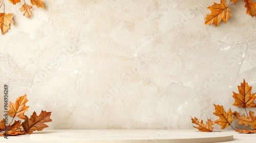 Autumn Leaves Product Display Mockup Beige Background Fall Season Empty Stage Wooden Platform