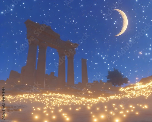 Luminous Moon Over Ancient Ruins, A serene night scene where a bright moon casts an ethereal glow on weathered stone structures, evoking mystery and history.