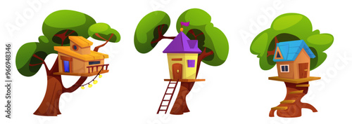 Summer treehouses set isolated on white background. Vector cartoon illustration of cute wooden houses with door, window, roof and ladder on green tree for kids fun, backyard design element, elf hut