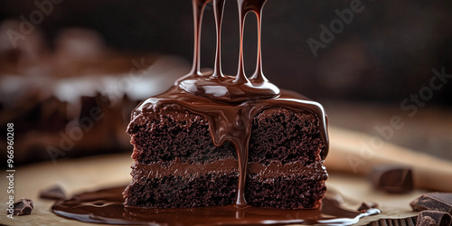 A rich and decadent chocolate cake slice with warm molten chocolate being poured over it, creating a delicious and visually attractive scene, perfect for dessert lovers.