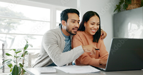 Kitchen, couple and smile with laptop for finance, track expenses and success for budget goals. Discussion, man and woman with tax review for checking, handle savings and mortgage document at home