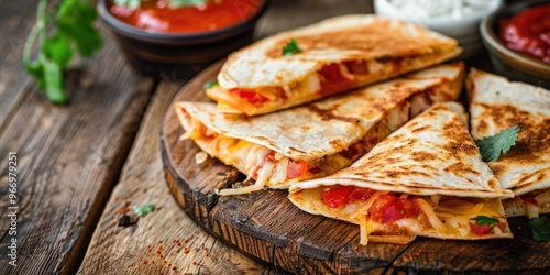 Mexican Quesadillas with Cheese and Sauce on Rustic Wooden Board