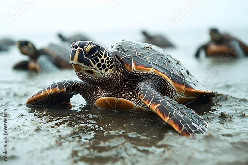 Sea turtle journey: wildlife adventure on a sandy beach