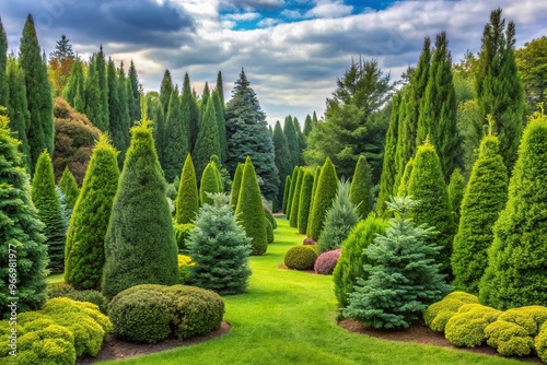 Symmetrical panoramic background of coniferous garden with pines and thujas