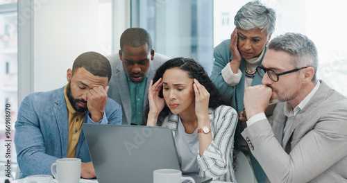 Office, teamwork and business people with stress for laptop, bad connection and glitch on company page. Corporate staff, men and women with headache for network problem, website error and mistake