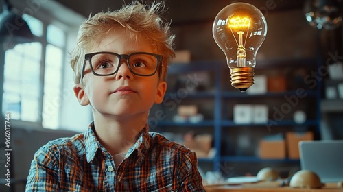 A young inventor sparkles with creativity, symbolized by a glowing light bulb in a vibrant, inspiring workspace.