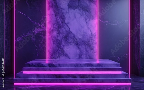 Podium display background featuring a marble pedestal and frame with blank space stairs and lighting 3D rendering