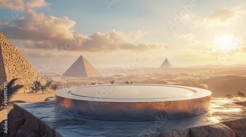 A futuristic 3D podium with a translucent surface, hovering above an Egyptian landscape with the Sphinx and pyramids in the distance under the midday sun