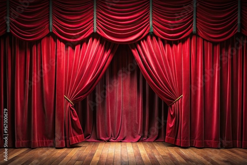 The red velvet curtains of a theater stage open to reveal a spotlight from a high angle.