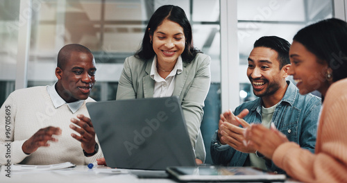 Happy, business people and applause with laptop for good news, teamwork or promotion together at office. Excited, group and employees clapping with technology in celebration for success at workplace