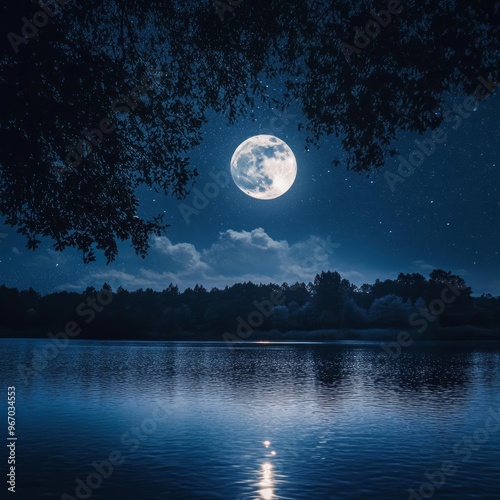 A full moon shines brightly over a calm lake, its reflection shimmering on the water's surface. The night sky is dotted with stars and framed by the silhouette of trees.