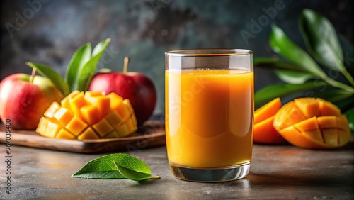 Vibrant mango nectar flowing in forced perspective